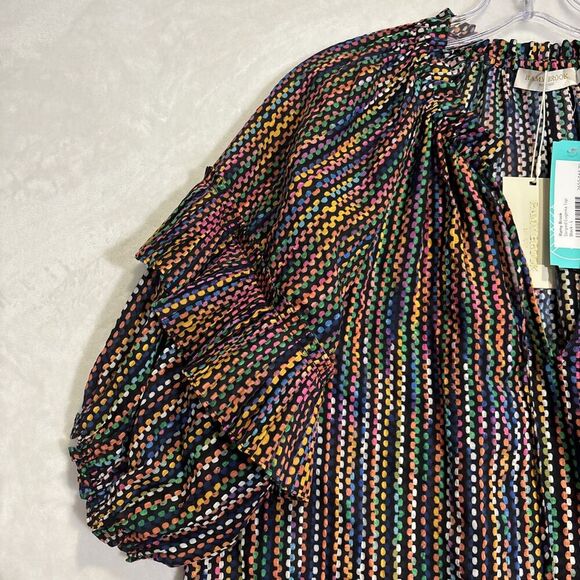 Ramy Brook Eugenia Ruffle Puff Sleeve Top Blouse Large Dot Stripe Split Neck NWT - Picture 2 of 16